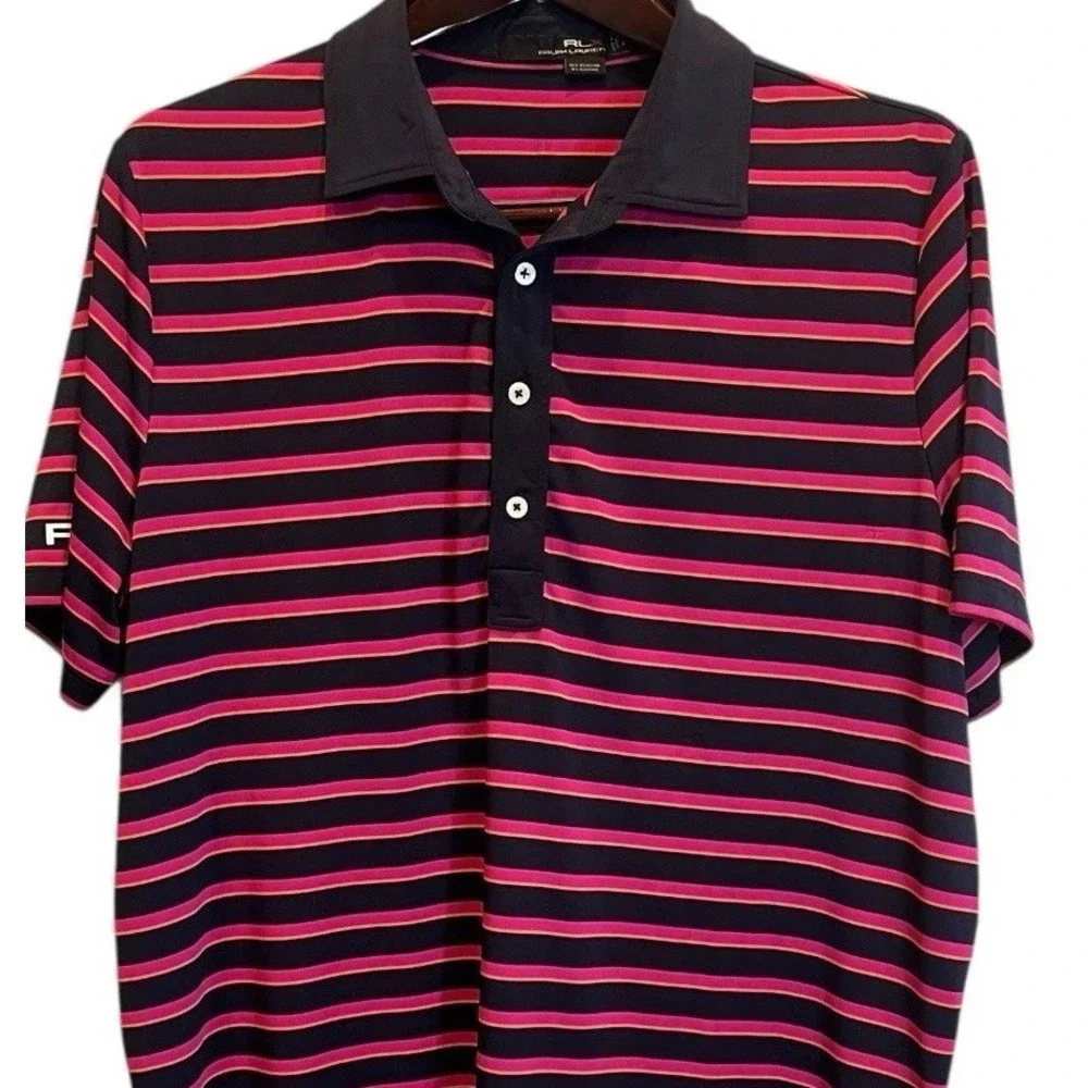 RLX Ralph Lauren Polo Shirt Mens LG Blue Orange Pink Striped Short Sleeve Golf